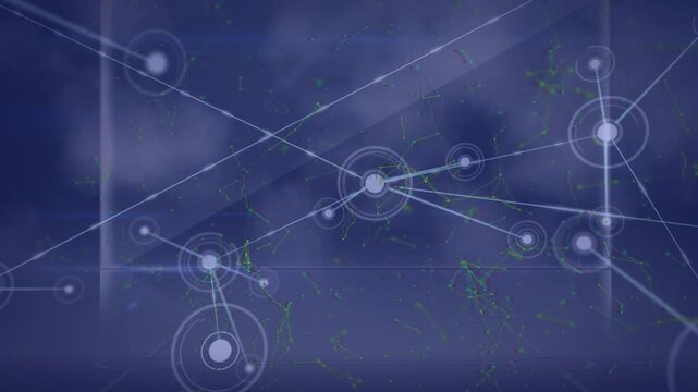 Central ring emitting lines and spawning dots, links extending and joining sides, showing network
