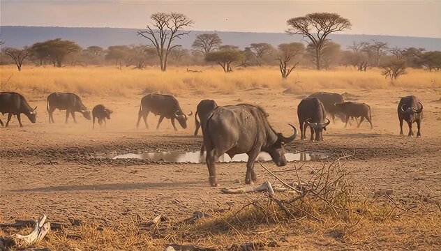 The African Buffaloes (Syncerus caffer) are searching for water in the Ruaha National Park, Tanzania, East Africa.
