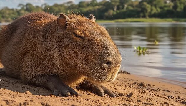 Close up of the capybara (Hydrochoerus hydrochaeris) sunbathe on the river's edge in the Pantanal, Brazil.
