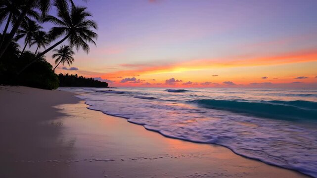 Gentle waves lap at the shore during a vibrant sunset on a tropical island beach