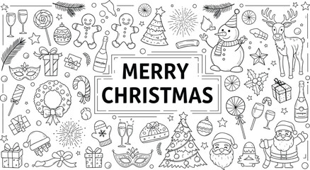 Merry Christmas doodle icons collection featuring holiday decorations Santa gifts snowman festive symbols hand drawn outline illustration set for celebration design