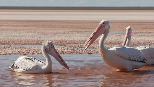 Close up of Pelicans (Pelecanus onocrotalus) searching for food on Kati Thanda&ndash;Lake Eyre,  South Australia.
