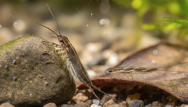 Close up of Stonefly and mayfly larvae (Plecoptera) have gills with which they extract oxygen from the water.
