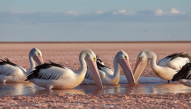 Close up of Pelicans (Pelecanus onocrotalus) searching for food on Kati Thanda&ndash;Lake Eyre,  South Australia.
