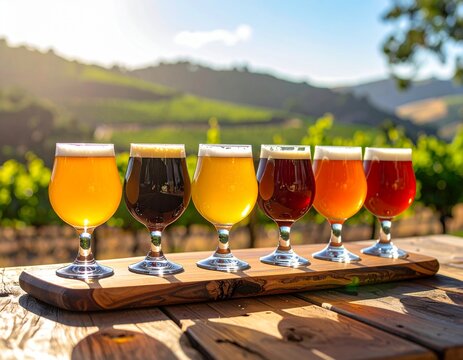 A tasting flight of six different craft beers is presented on a wooden board outdoors with a vineyard in the background.