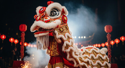 Fototapeta premium Stunning White Lion Dance Performance. Chinese New Year Festival. AI Generated Illustration.