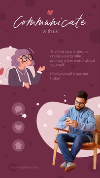 A promotional story template for dating apps and matchmaking platforms. Designed to highlight romantic features, user connections, and love-focused mobile experiences.