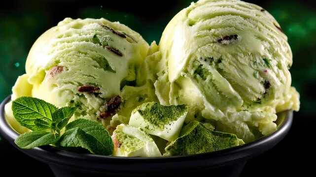 Mint ice cream with chocolate chips prepared in a bowl with a dark green background during a summer afternoon in a kitchen