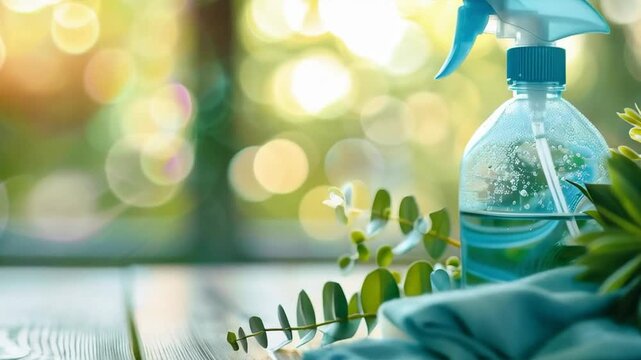 Fresh green leaves, a spray bottle and a soft cloth create an image of eco-friendly cleaning and cleanliness. Suitable for advertising eco-products or a blog about healthy living as a decorative backg