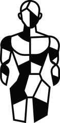 A striking black and white illustration depicts a human figure split down the middle with geometric shapes