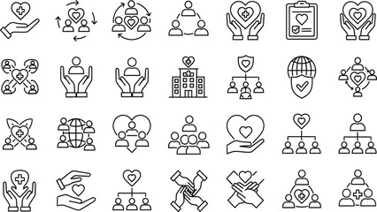 A collection of simple linear icons representing concepts of care community support and human connection