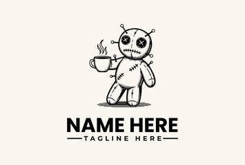 A simple illustration of a cute robot character holding a steaming coffee cup with a friendly face, standing on a beige background with space for a logo and tagline.