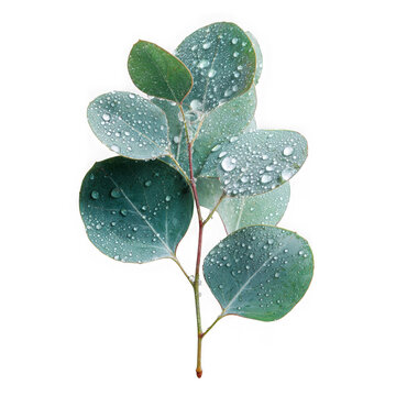 Fresh eucalyptus leaves with dew drops isolated on transparent background