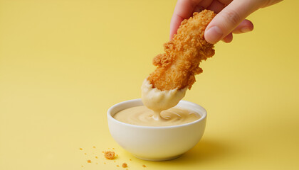 dipping crispy fried chicken tender into creamy dipping sauce yellow background
