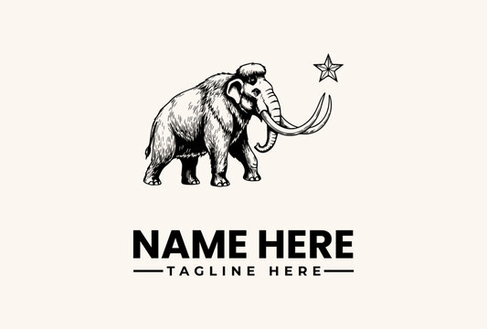 A black and white illustration of a mammoth with a star, accompanied by placeholder text for a name and tagline on a plain background, in a simple graphic design.