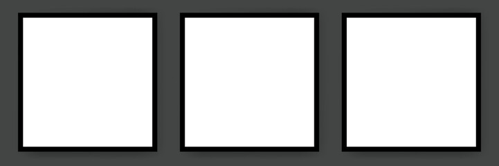 Set of 3 square blank poster mockups with black frames on dark grey background, minimalist art and photography presentation templates.