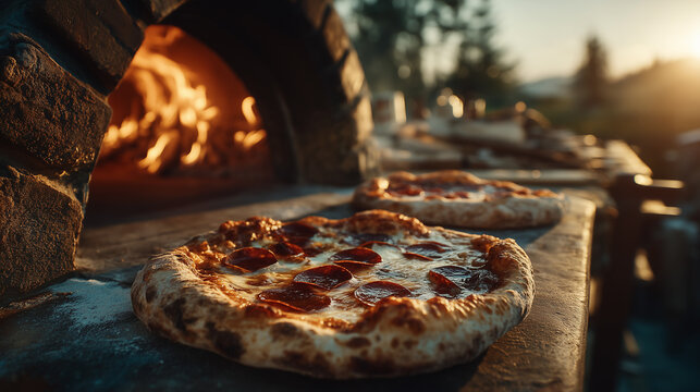 Fresh pepperoni pizzas with bubbling cheese on stone ledge in front of traditional wood-fired brick oven glowing with golden flames at sunset.