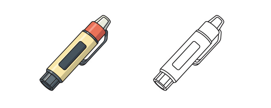 Epinephrine auto injector medical device in cartoon and outline styles with beige red and dark grey colors used for emergency allergy treatment on white background
