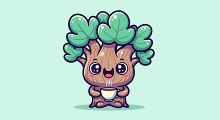 Cute Tree Character Holding a Coffee Cup, Kawaii Style