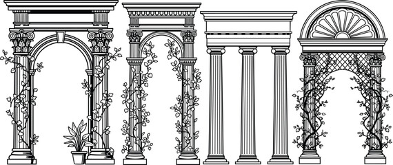 Fototapeta premium Classical architectural arches and columns with decorative plants, ancient Roman style elements, elegant black and white line art illustration design collection