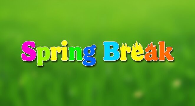 Colorful Spring Break Text on Green Background.