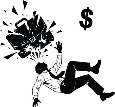 Businessman falling after briefcase explosion symbolizing financial loss risk debt crisis isolated on white background vector illustration economic failure concept design