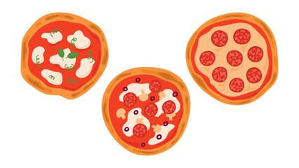 Fototapeta premium Set of whole round pizzas with different toppings including Margherita, pepperoni and mushroom. Italian food top view illustrations isolated on white