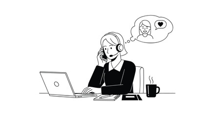 Woman wearing headset working on laptop with thought bubble of loved one