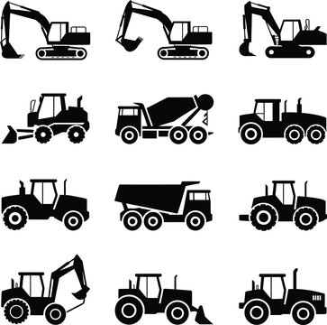 Collection of various black construction and heavy machinery vehicle silhouettes on a white background