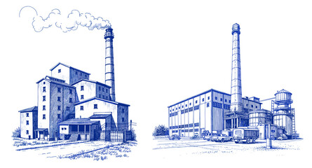 Obraz premium Vintage sketch of factory buildings with blue ink for Labor Day 