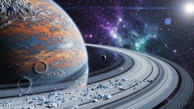 A large orange planet with a ring system in space with stars and galaxies in the background, depicting a celestial body in our solar system