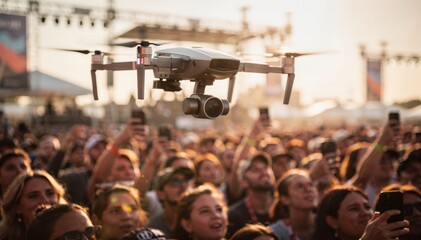 A medium shot showing a flying drone focusing on key crowd hotspots the camera lens and nearby audience in focus the distant event environment out of focus
