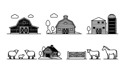 Naklejka premium Farm and barn silhouettes vector collection rural buildings