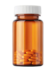 pill bottle with orange capsules isolated on a transparent background.