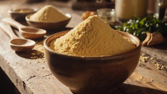 Turmeric powder in a wooden bowl on a rustic table with spoons and herbs