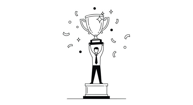 Man holding trophy standing on pedestal with confetti celebrating achievement and success