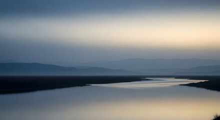 Fototapeta premium Serene Landscape View of a Calm River Winding Through Distant Hazy Mountains at Twilight