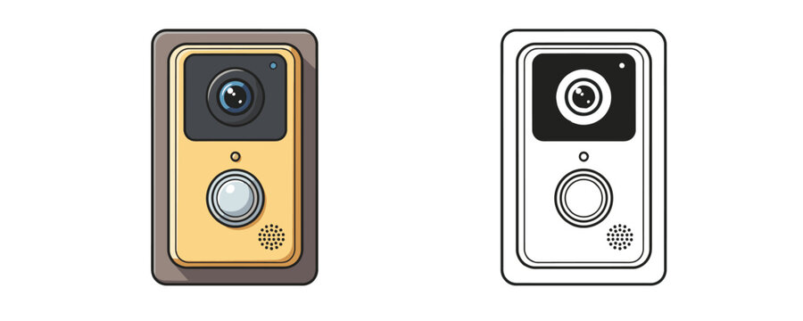 Smart video doorbell with camera and button in cartoon and outline styles with yellow grey and black colors used for home security and monitoring on white background