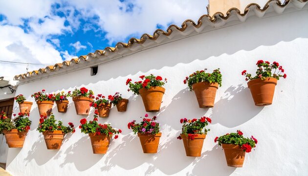 Picturesque cobblestone street with whitewashed buildings, terracotta flower pots, vibrant plants, blue sky, and distant mountains in a Mediterranean village.