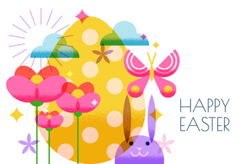 Vector egg, rabbit, bunny, spring blossom flowers, butterfly. Easter banner, poster, holiday party decoration design
