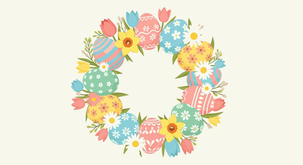 Obraz premium Festive Easter Wreath with Colorful Eggs and Spring Flowers.