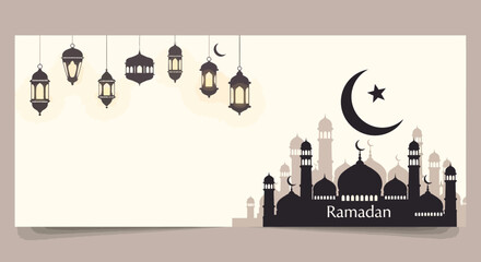 Obraz premium Ramadan Mubarak Illustration with Mosque and Lanterns.