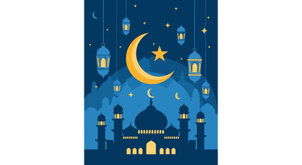 Ramadan Kareem illustration with mosque, crescent moon, and lanterns.