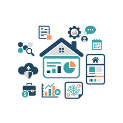 Fototapeta premium Smart home technology and real estate management vector illustration. Features icons for property data analytics, financial planning, cloud solutions, and digital business
