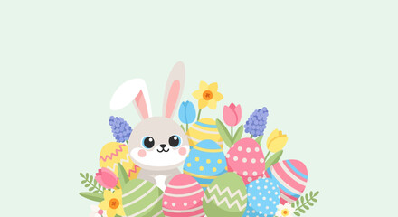 Fototapeta premium Easter Bunny Surrounded by Colorful Eggs and Spring Flowers.