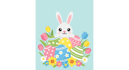 Fototapeta premium Easter Bunny Surrounded by Decorated Eggs and Spring Flowers.