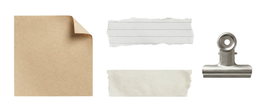 Set of kraft sheet with curled corner lined torn scrap blank strip and metal clip for journaling scrapbooking and creative collage design