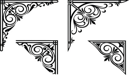 Ornate black iron corbels with floral scrollwork in four different views © RaselCreativeWorks