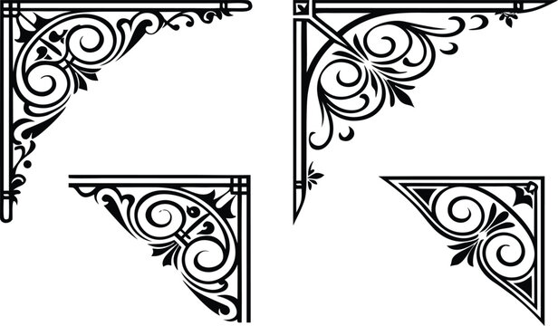 Ornate black iron corbels with floral scrollwork in four different views