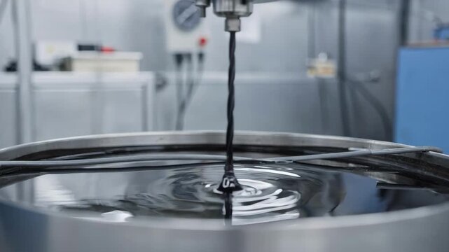 Medium shot of a singledip process where a cord is carefully immersed in resorcinol adhesive highlighting precision in rubber bonding treatment.